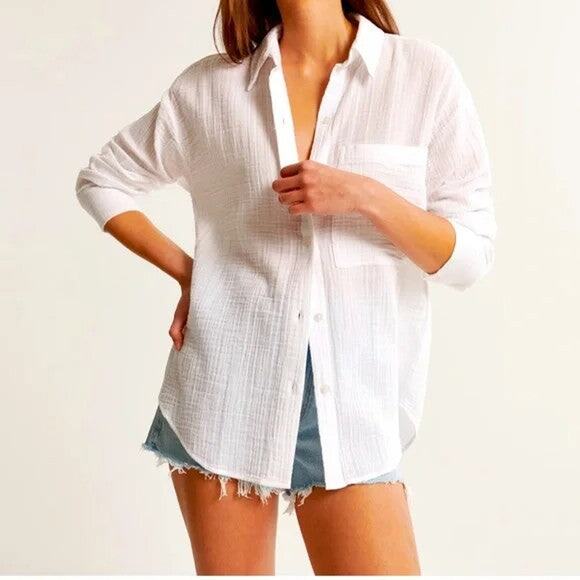 Abercrombie & Fitch Oversized Beachy Gauze Textured Shirt - S - Picture 2 of 3